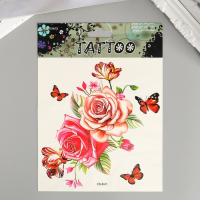 Татуировка на тело цветная Куст роз и бабочки 19х14 см