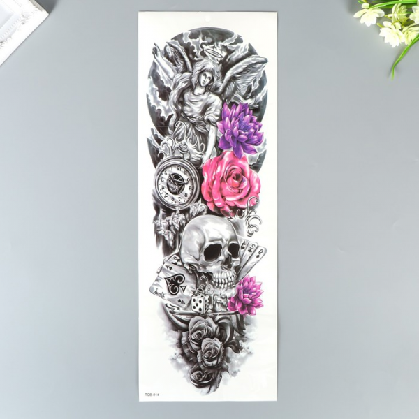 Татуировка на тело чёрная с цветом Череп, карты и цветы 48х17 см